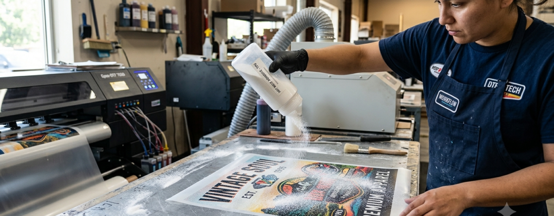 DTF Hot Melt Adhesive Powder being applied on printed DTF film
