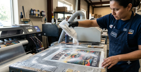 DTF Hot Melt Adhesive Powder being applied on printed DTF film
