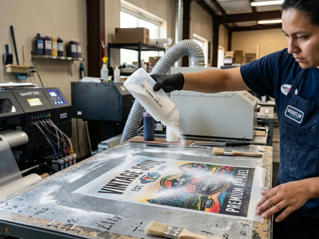 DTF Hot Melt Adhesive Powder being applied on printed DTF film