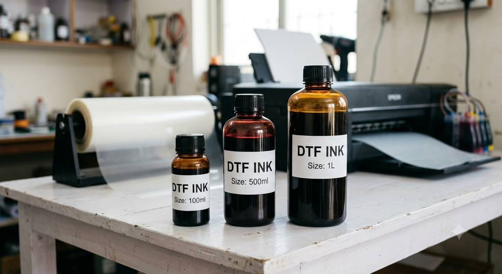 DTF ink bottle sizes 100ml 500ml and 1L comparison for Indian DTF printing