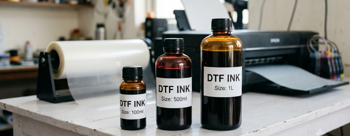 DTF ink bottle sizes 100ml 500ml and 1L comparison for Indian DTF printing