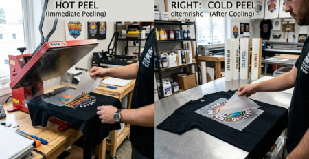Hot Peel vs Cold Peel DTF Film comparison showing peeling process