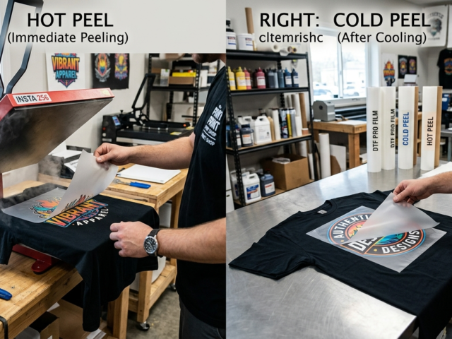 Hot Peel vs Cold Peel DTF Film comparison showing peeling process