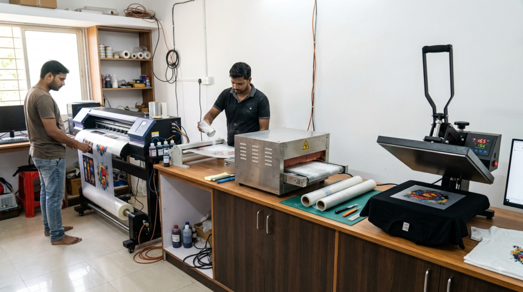 DTF Printing Business Profit Margin workflow from printing film to heat pressing