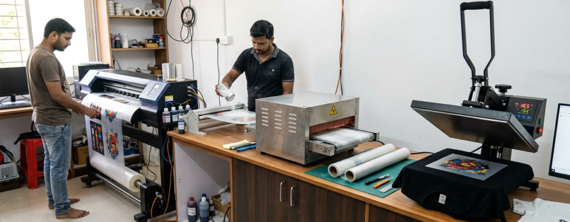 DTF Printing Business Profit Margin workflow from printing film to heat pressing
