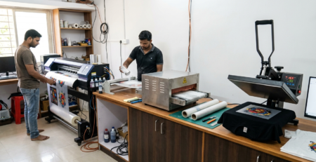 DTF Printing Business Profit Margin workflow from printing film to heat pressing