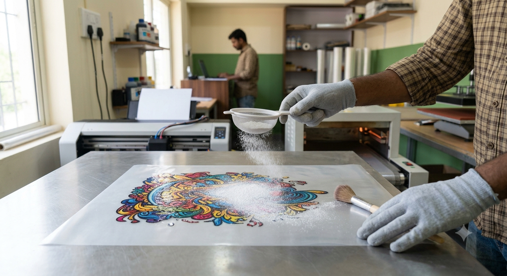 DTF Printer for Small Business workflow showing hot melt adhesive powder applied to printed PET film