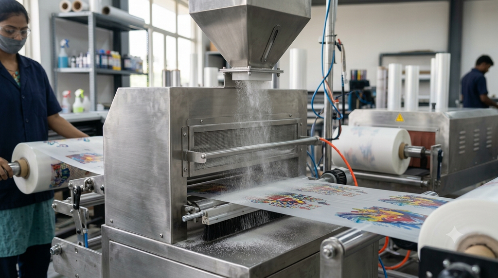 DTF Powder Shaker Machine applying hot melt adhesive powder to DTF film