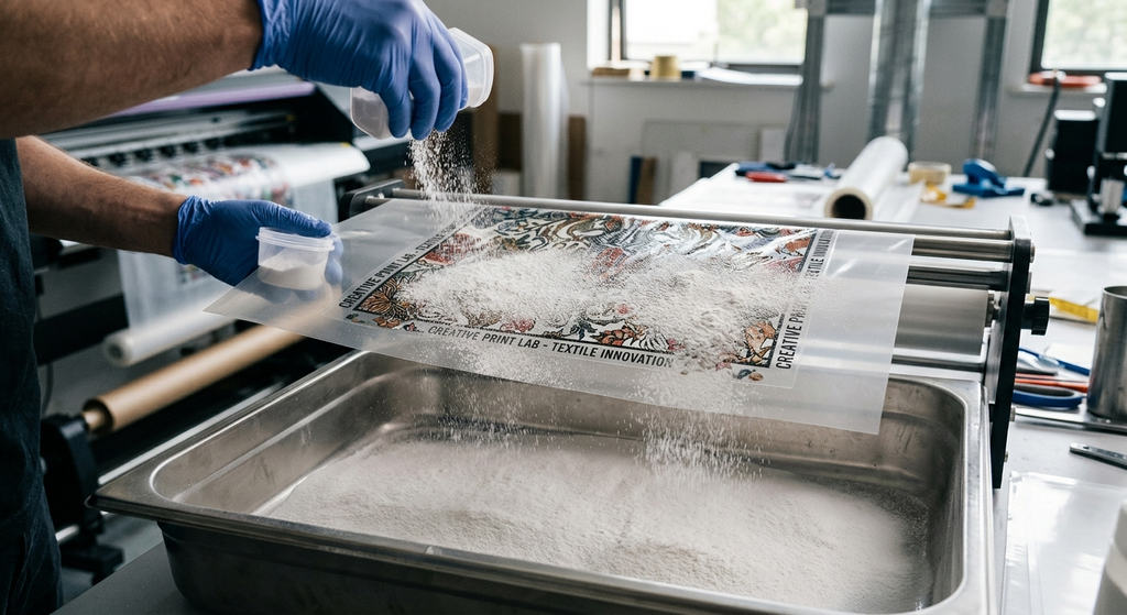 DTF Hot Melt Adhesive Powder: Complete Guide for Indian DTF Businesses 2026 - DTF hot melt adhesive powder being applied to printed DTF film