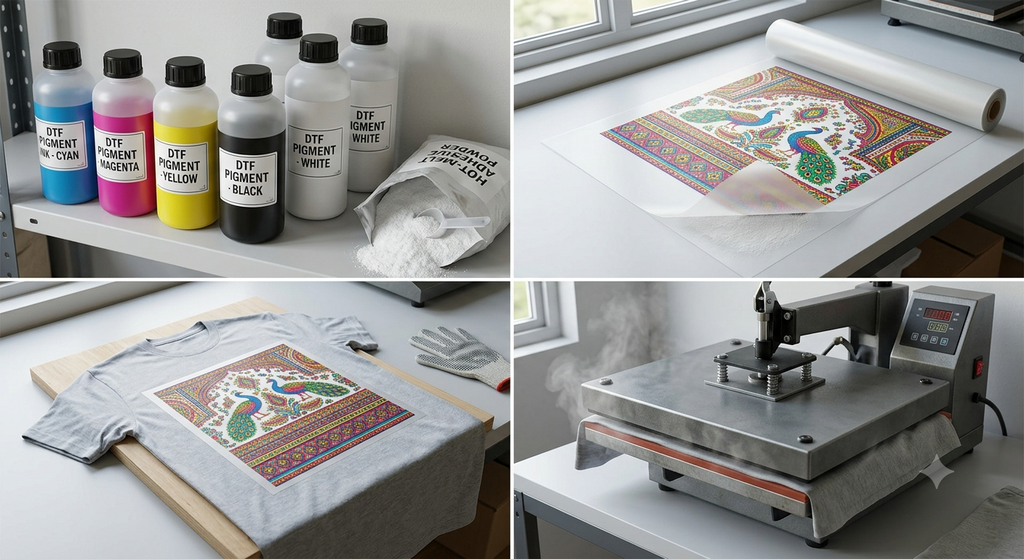 DTF ink bottle sizes and hot melt powder in a complete DTF printing workflow