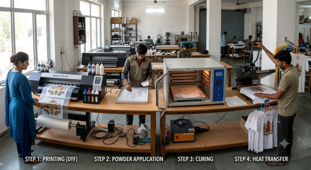 DTF ink for Indian conditions printing workflow with PET film powder and heat press