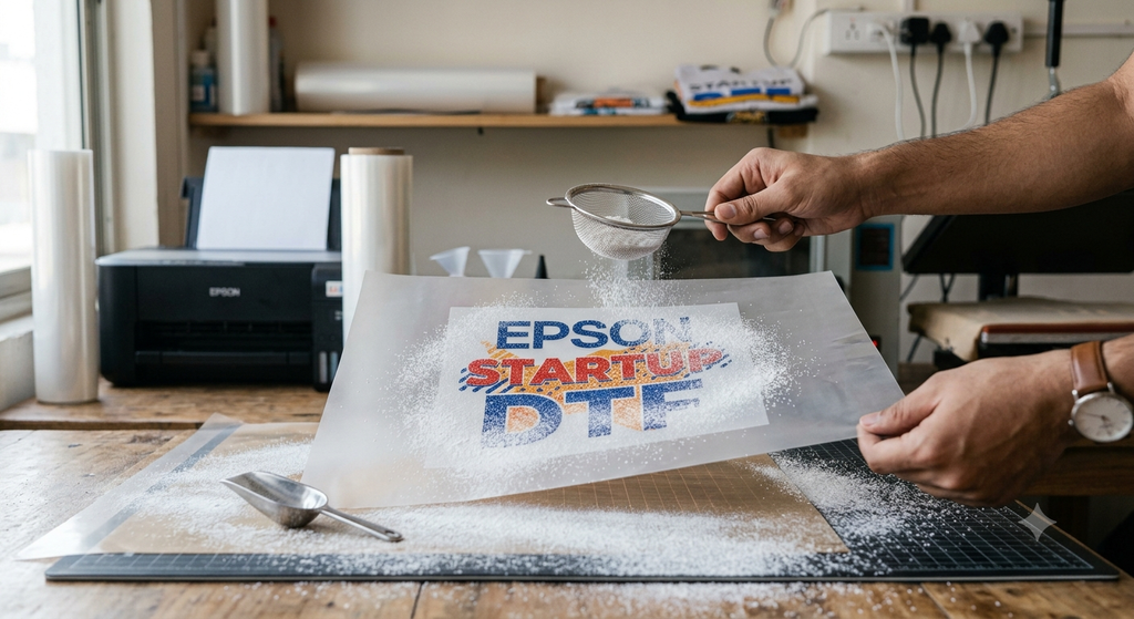 DTF Hot Melt Adhesive Powder – Complete Guide for Beginners 2026 - DTF hot melt adhesive powder being applied evenly to printed PET film