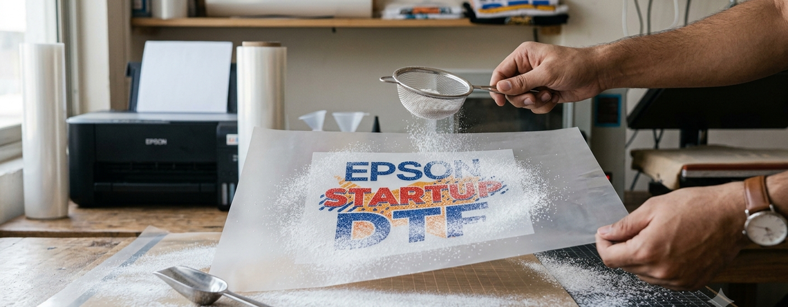 DTF hot melt adhesive powder being applied evenly to printed PET film