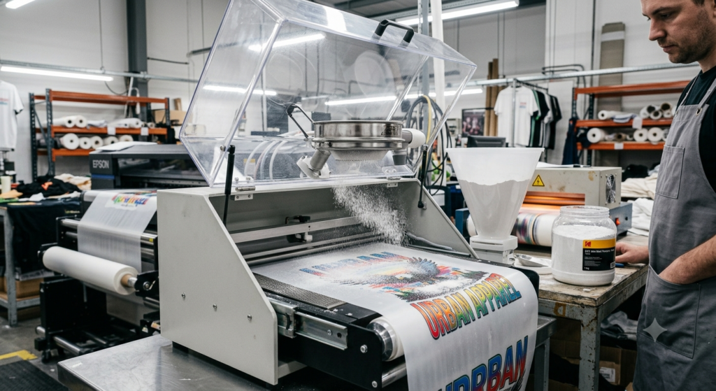 DTF Hot Melt Adhesive Powder application on transfer film