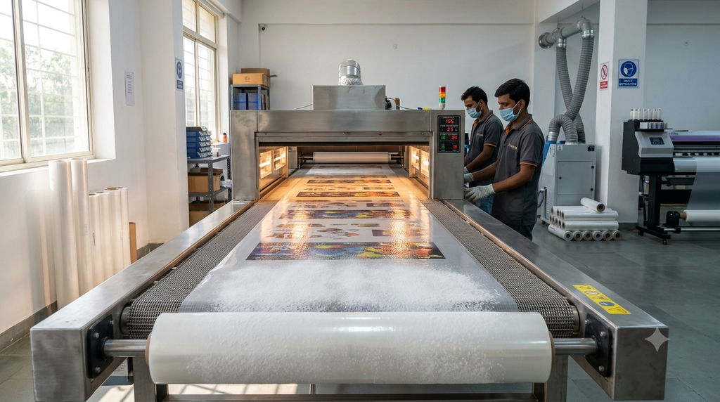 DTF Hot Melt Adhesive Powder: Complete Guide for Indian DTF Businesses 2026 - DTF hot melt adhesive powder curing on printed transfer film