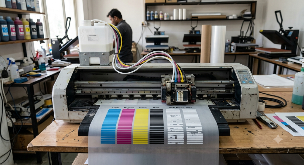 DTF Printer Clogging: Easy Solutions for Better Printing 2026 - DTF printer clogging caused by white ink buildup and blocked printhead