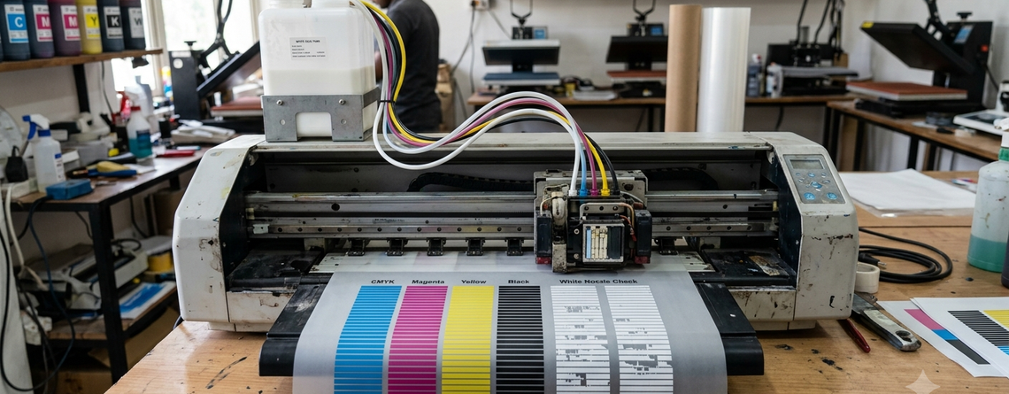 DTF printer clogging caused by white ink buildup and blocked printhead