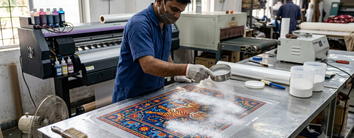 DTF Print Adhesion on Polyester Fabric showing hot melt powder application
