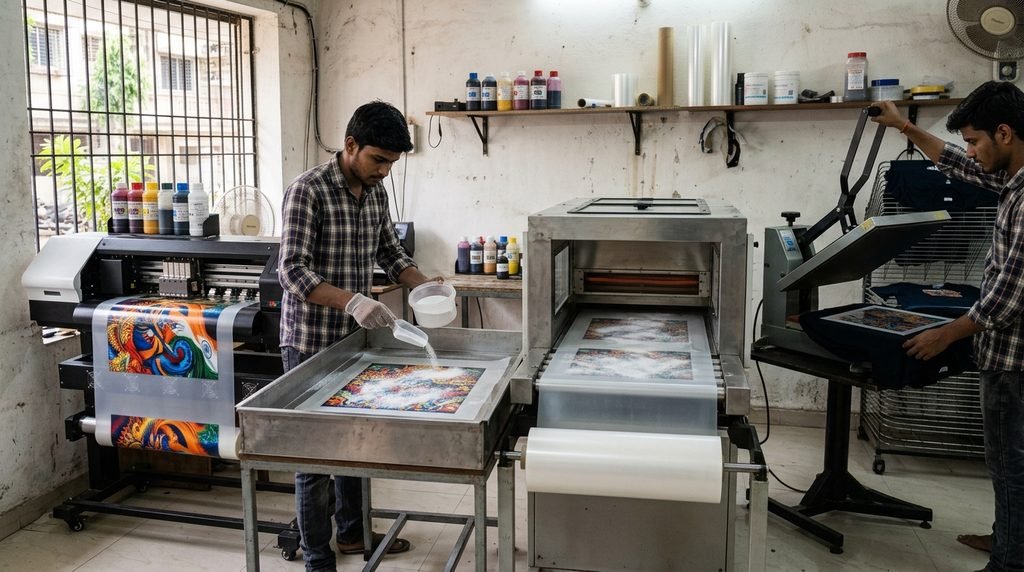 Best DTF Printer for Small Indian Print Shops: 4-Head vs 6-Head Compared - Best DTF Printer for Small Indian Print Shops DTF printing workflow with film ink powder and heat press
