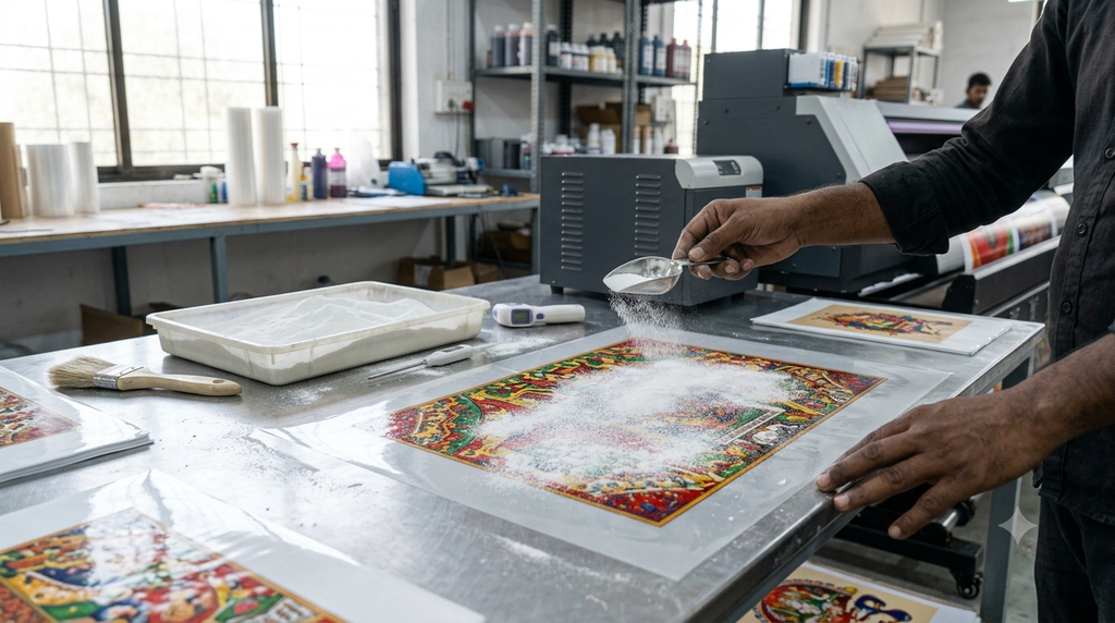 DTF Printer Printhead Comparison: Proven Epson i3200 vs XP600 Guide for India - DTF Printer Printhead Comparison and hot melt adhesive powder application workflow