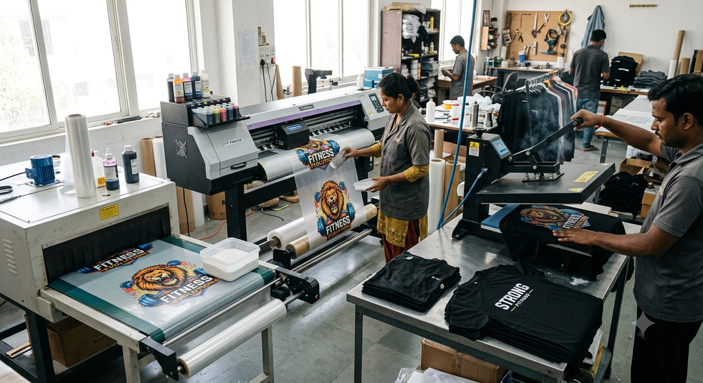DTF Printing for Gym and Fitness Apparel in India: Amazing Design Guide 2026 - DTF Printing for Gym and Fitness Apparel in India workflow from printing to heat pressing