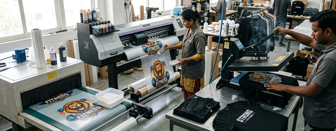DTF Printing for Gym and Fitness Apparel in India workflow from printing to heat pressing