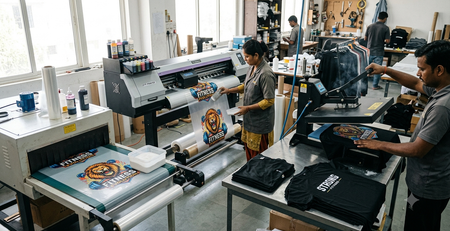 DTF Printing for Gym and Fitness Apparel in India workflow from printing to heat pressing