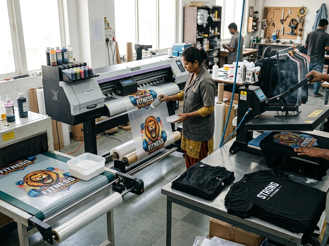 DTF Printing for Gym and Fitness Apparel in India workflow from printing to heat pressing