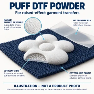 Puff DTF Powder 1 kg – 150–300 Micron for Raised Prints - Illustrative raised puff-print motif on blue fabric; example texture, not a photograph of supplied material.