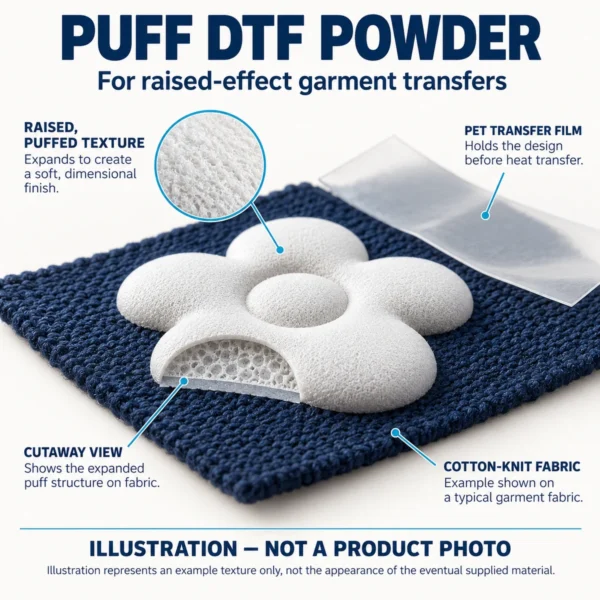 Puff DTF powder raised-effect illustration Illustrative raised puff-print motif on blue fabric; example texture, not a photograph of supplied material.